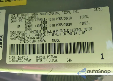 2017 Toyota Tundra Sr5 4.6L V8 из США, поврежденный, VIN 5TFEM5F10HX110086